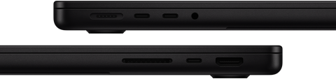 Puertos del MacBook Pro, puertos del lateral izquierdo: MagSafe 3, dos puertos Thunderbolt y toma para auriculares; puertos del lateral derecho: ranura para tarjetas SDXC, puerto Thunderbolt y puerto HDMI