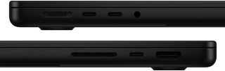 Puertos del MacBook Pro, puertos del lateral izquierdo: MagSafe 3, dos puertos Thunderbolt y toma para auriculares; puertos del lateral derecho: ranura para tarjetas SDXC, puerto Thunderbolt y puerto HDMI