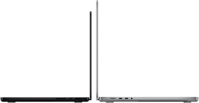 MacBook Pro de 14 pulgadas y otro de 16 pulgadas colocados uno contra otro, muestran la diferencia de tamaño y resaltan el perfil fino