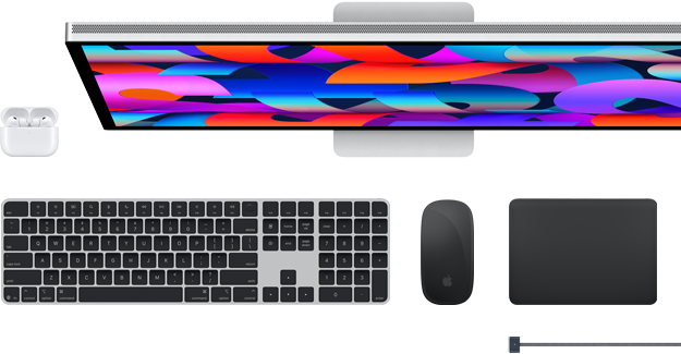 Accesorios para el Mac: AirPods, Studio Display, Magic Keyboard, Magic Mouse, Magic Trackpad y cable de carga MagSafe