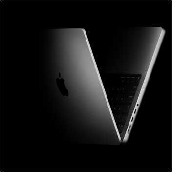 Un MacBook Pro abierto en forma de V, en referencia a los chips M5
