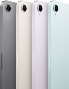 Vista trasera que muestra la cámara de cuatro modelos de iPad mini en los colores disponibles: gris espacial, blanco estrella, púrpura y azul