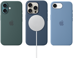 Varios accesorios MagSafe para el iPhone. Funda de silicona con MagSafe en verde lago para el iPhone 16; funda de silicona con MagSafe en azul denim para el iPhone 16 Pro, conectada a un cargador MagSafe en blanco, y funda de silicona en azul invierno para el iPhone 16e