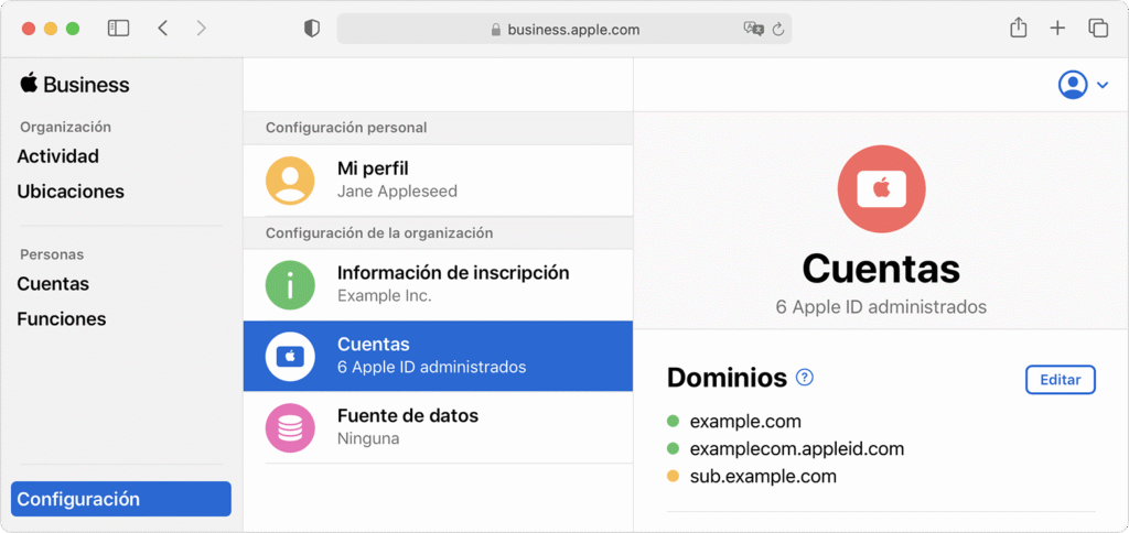 Vista de la interfaz de Apple Business Manager con la lista de dispositivos y sus asignaciones.
